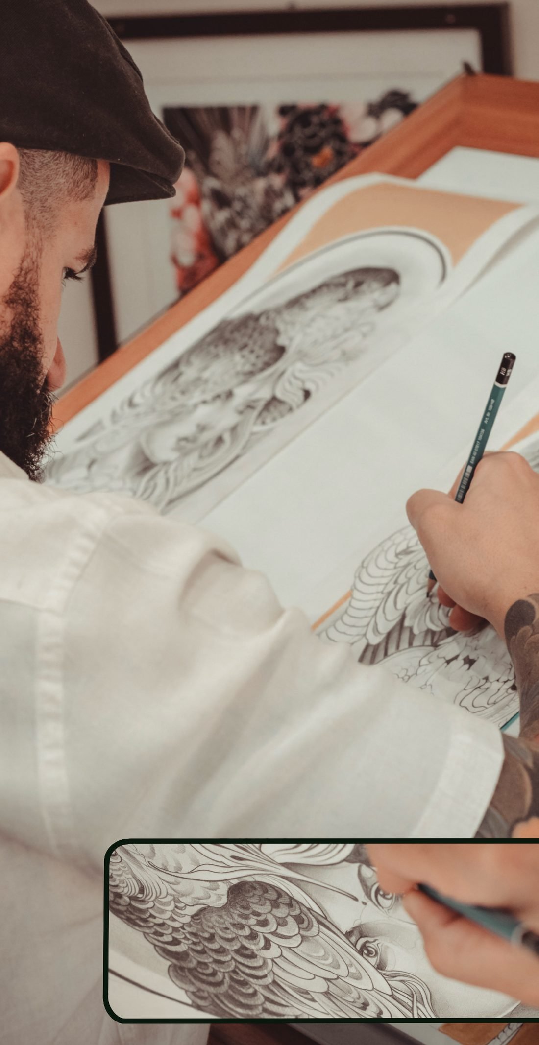 Denis Vazios desenhando a lápis na prancheta, estudo oriental em grafite