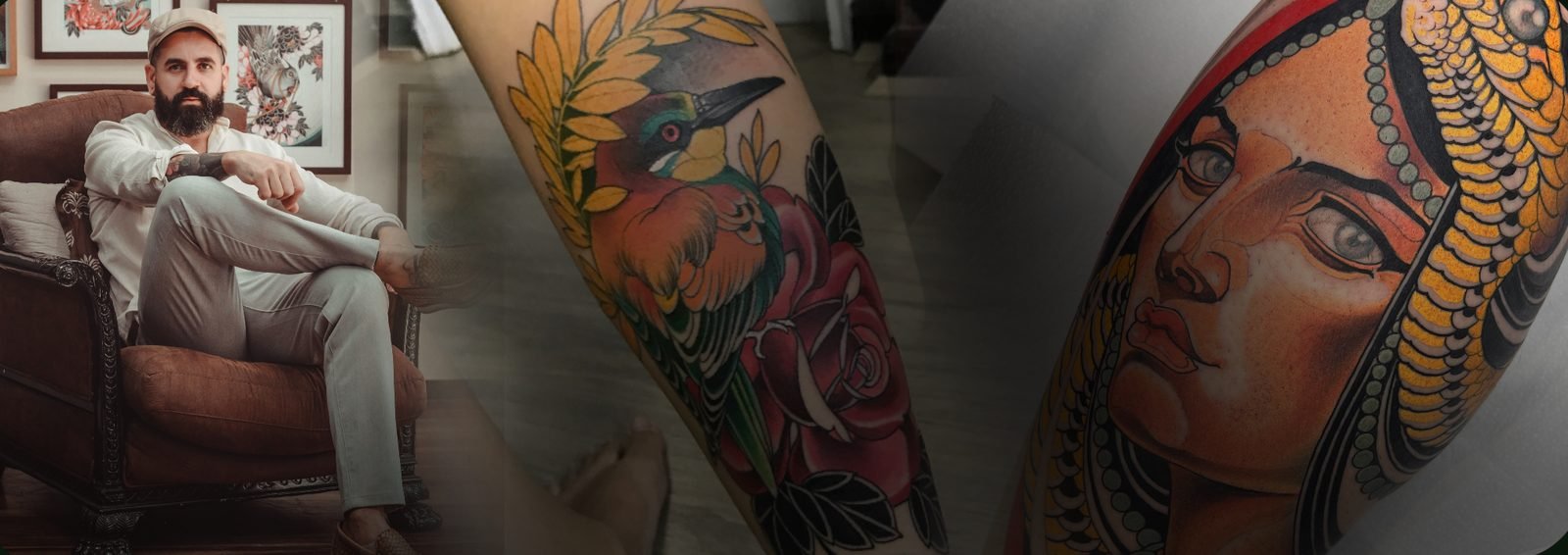 Colagem do Workshop Neo Tradicional: Denis no studio, peça de antebraço e close de rosto tatuado