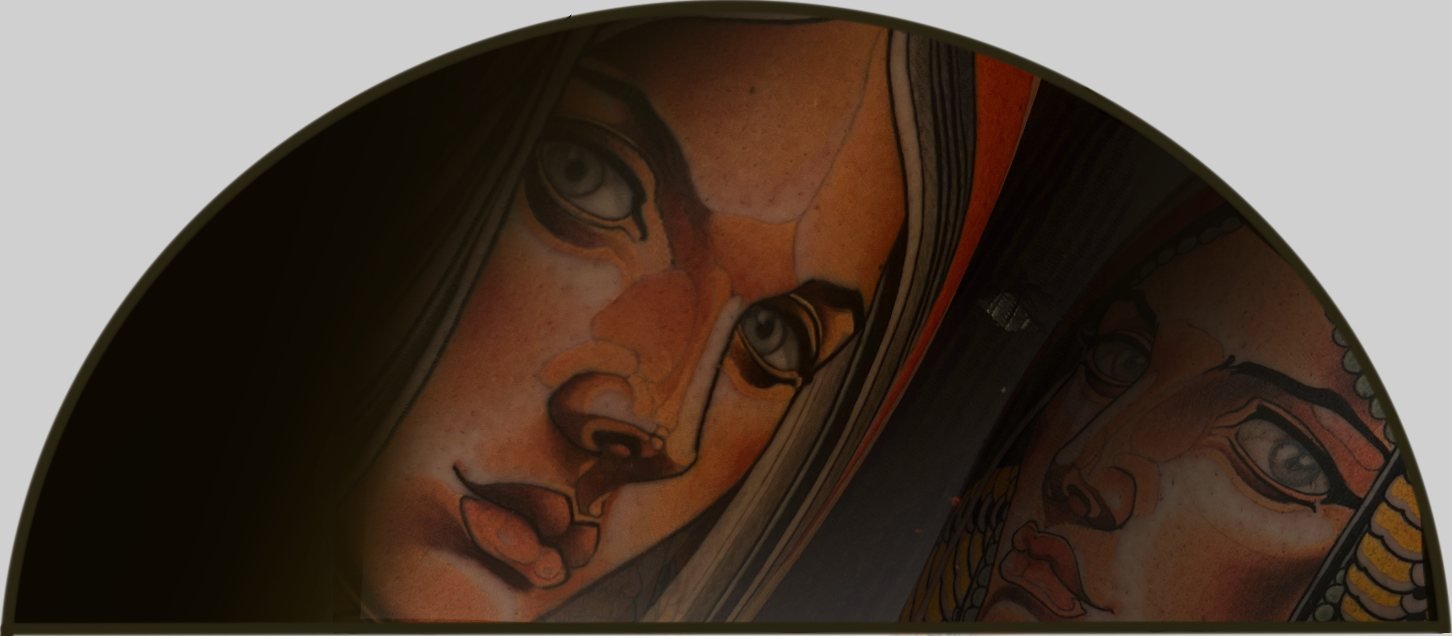 Pintura neo-tradicional de duas faces femininas, arte de Denis Vazios
