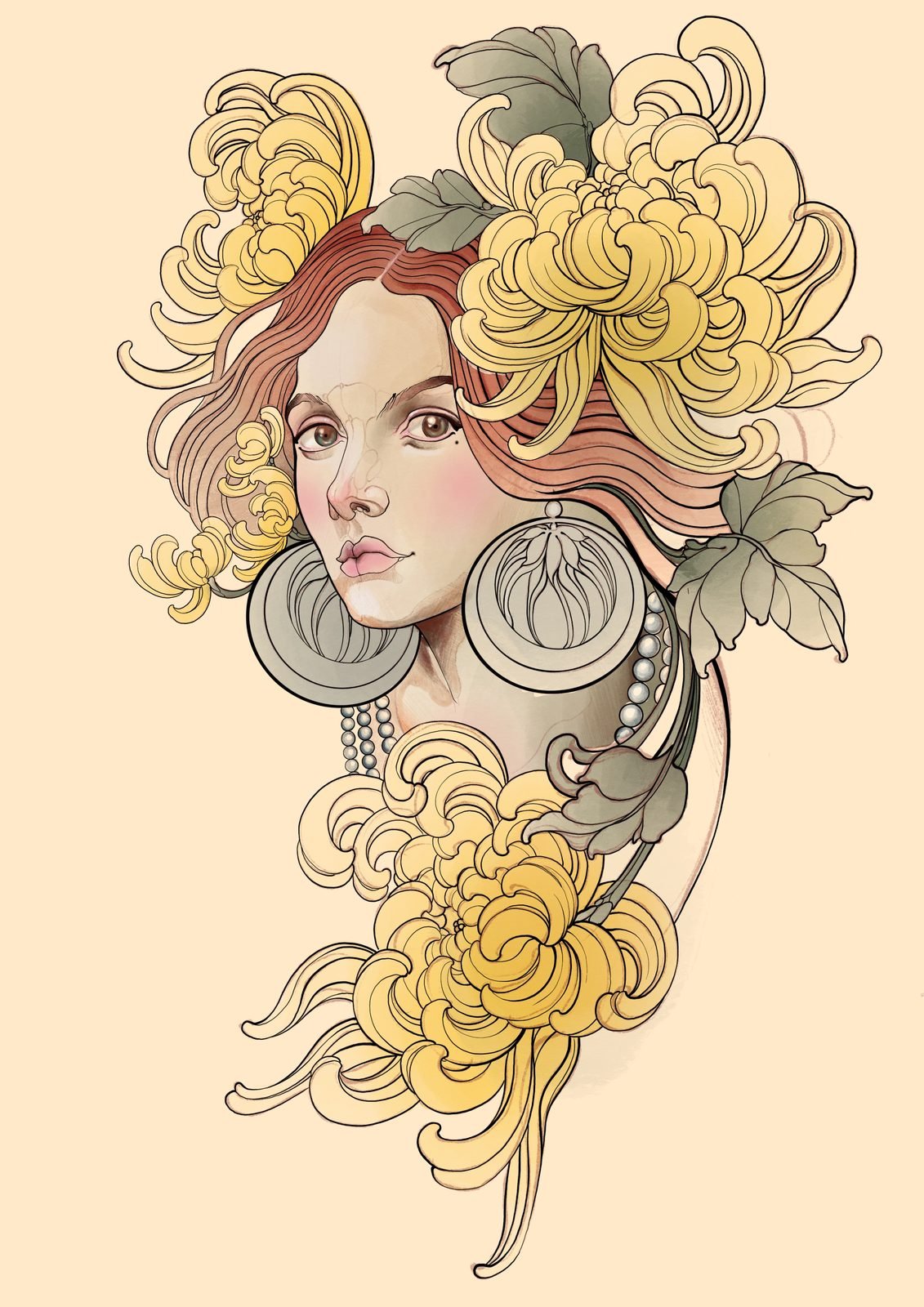 Finalizada: retrato art nouveau com crisântemos