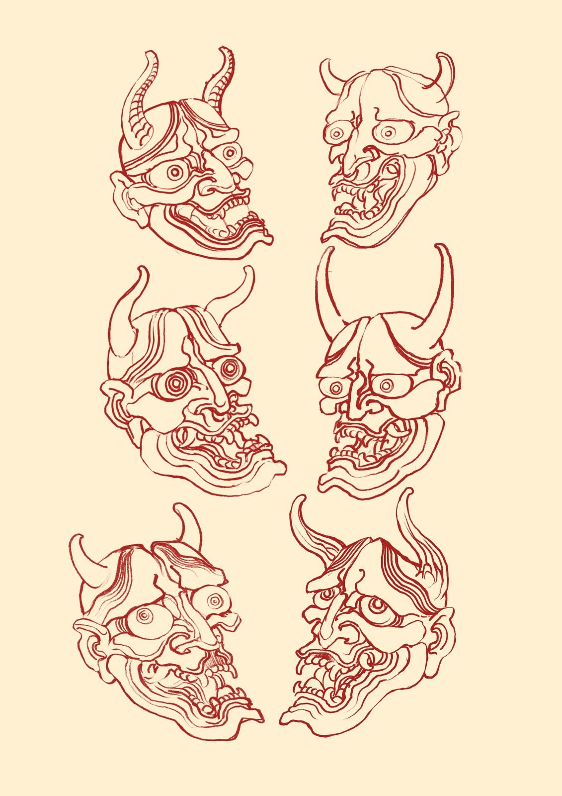 Início: folha de estudos de máscara hannya a lápis