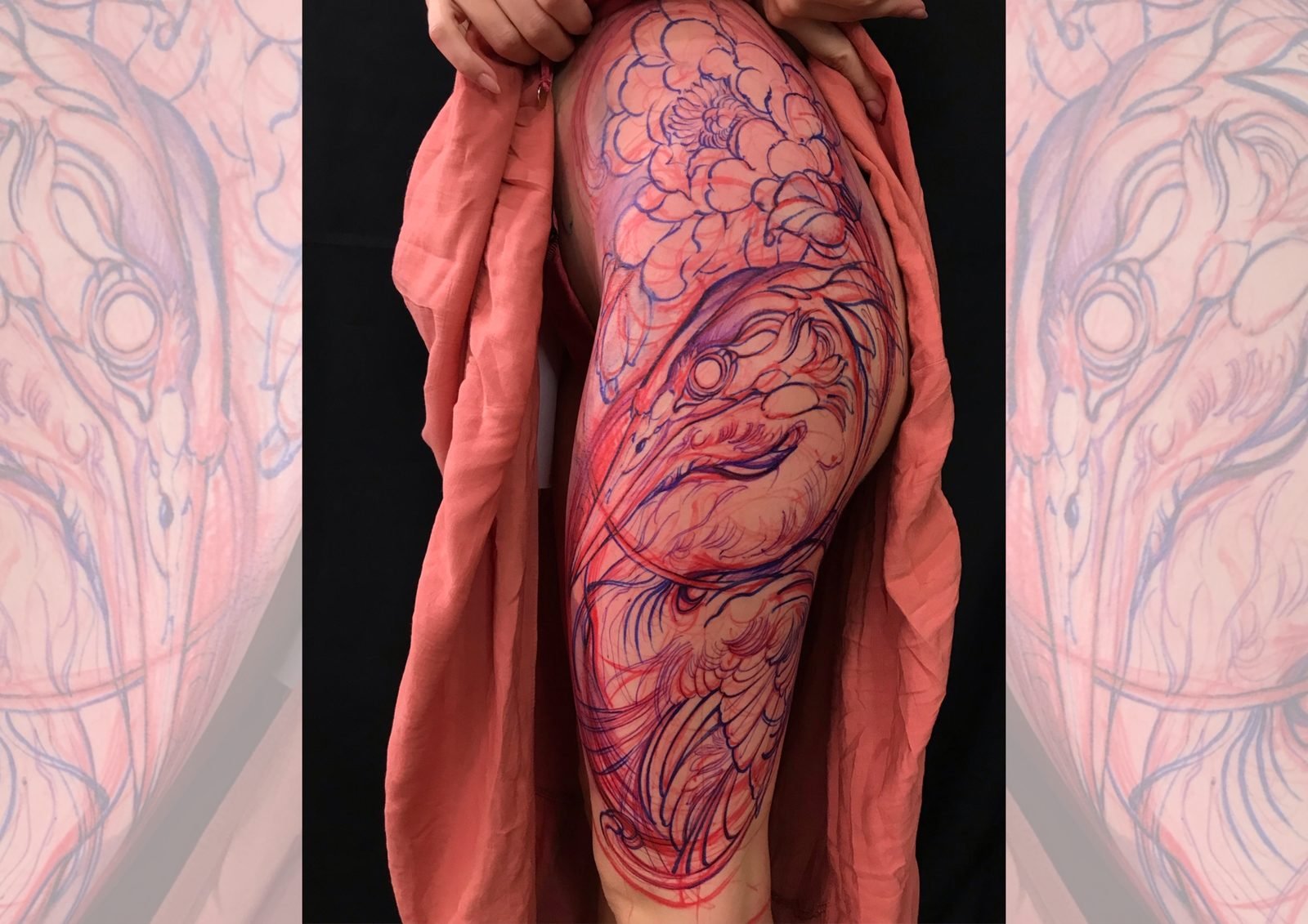 Freehand de garça e peônia na coxa