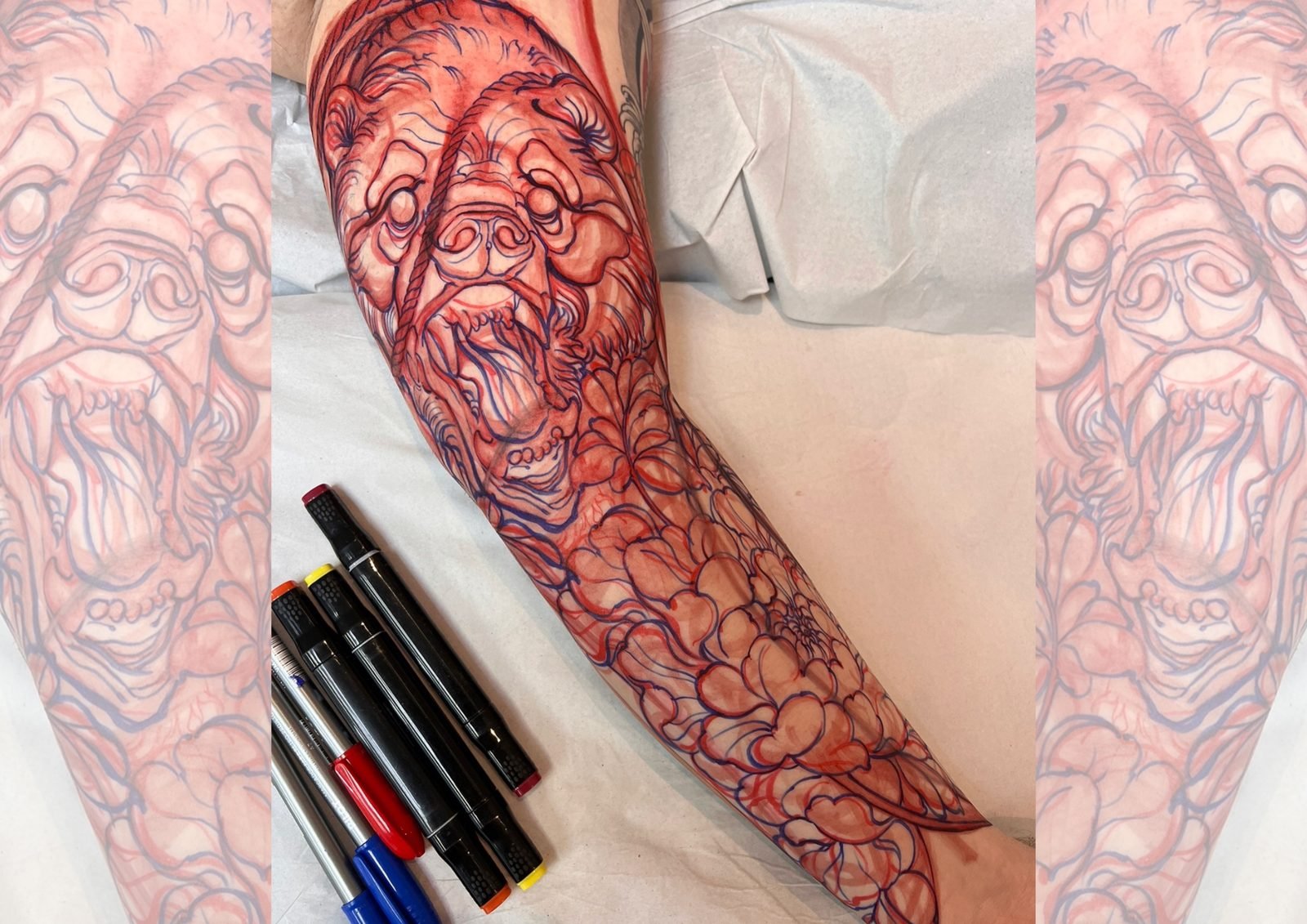 Freehand de urso e peônia desenhado na pele