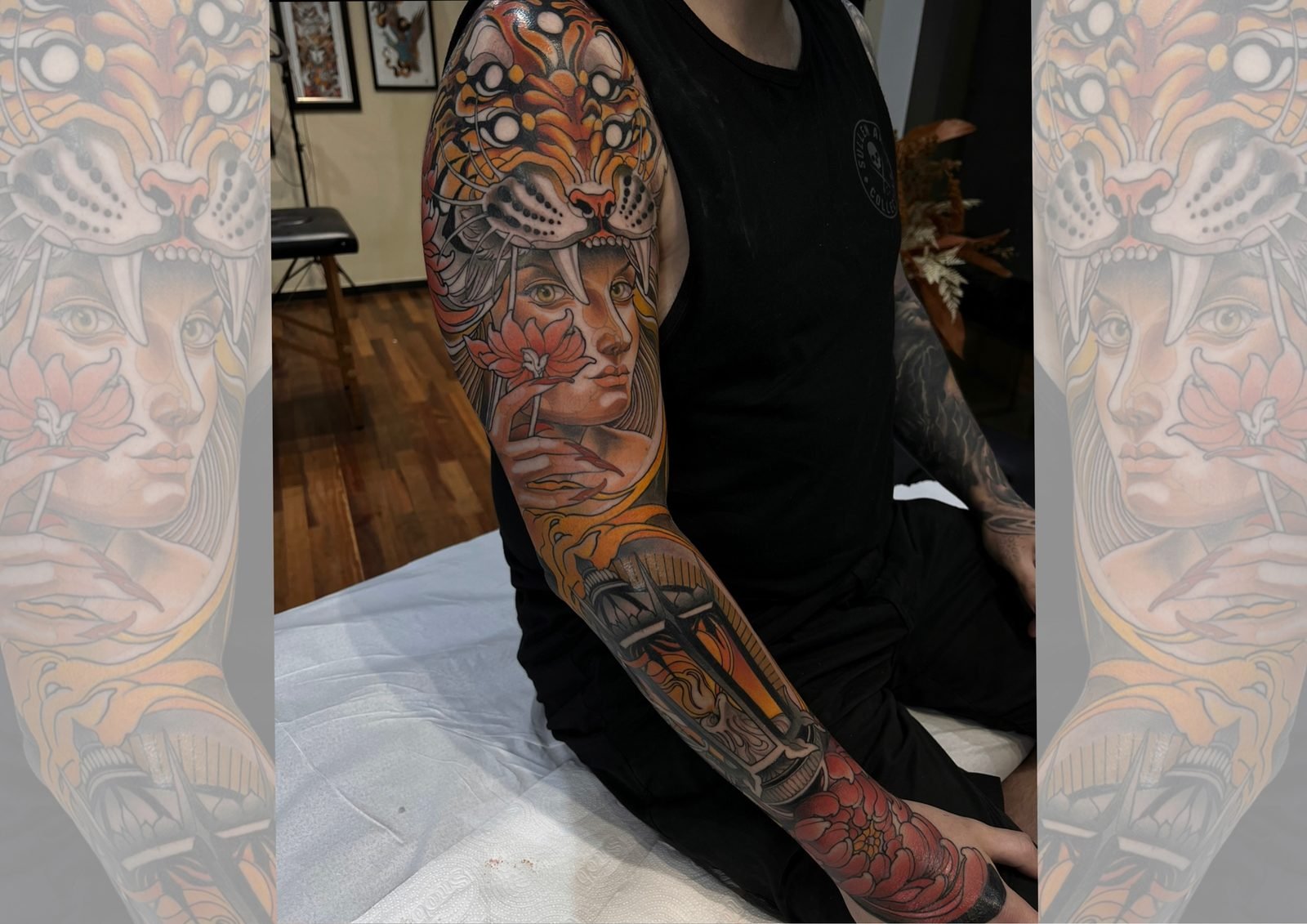 Dama com elmo de tigre, tatuagem finalizada
