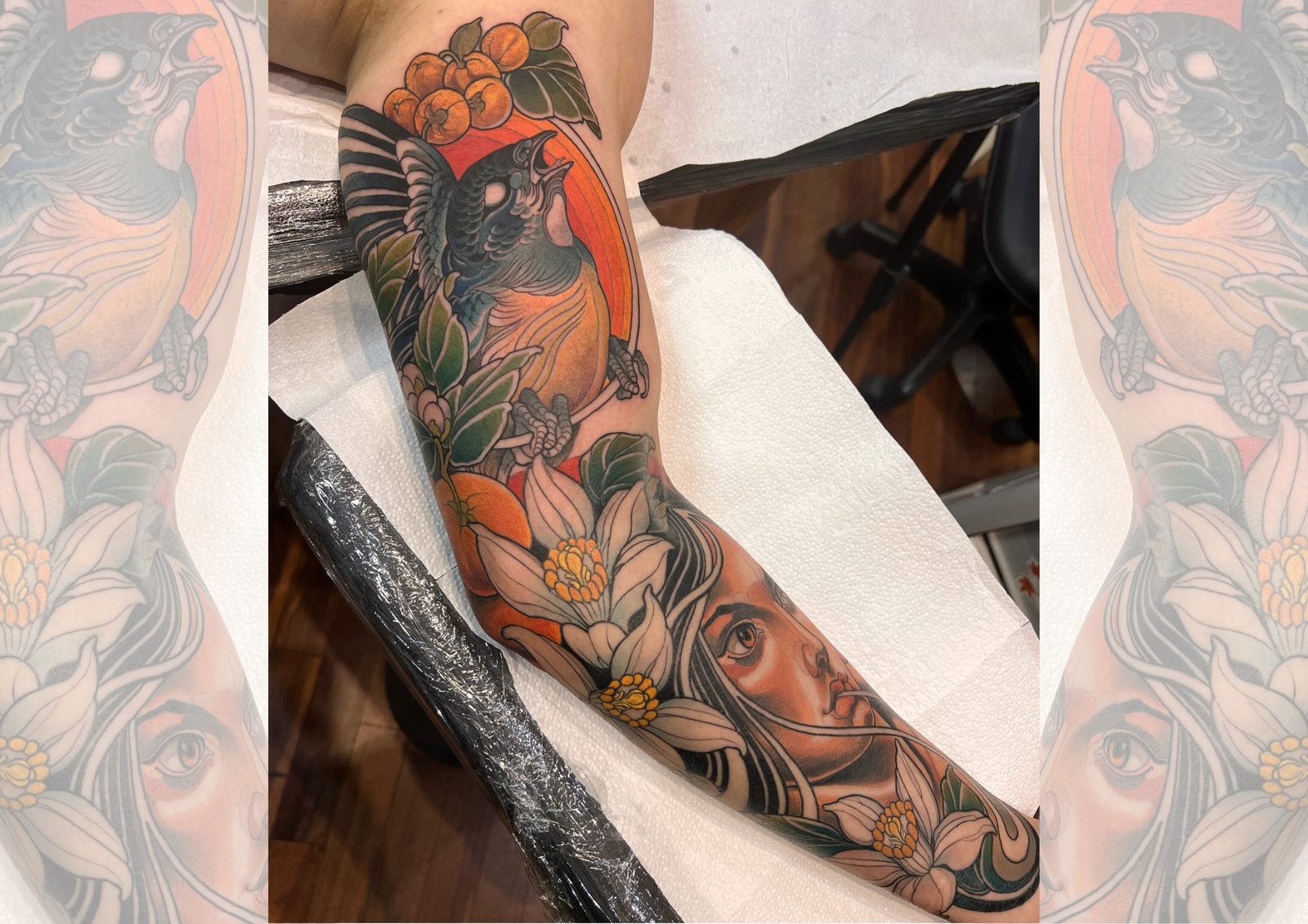 Pássaro, laranjas e retrato, tatuagem finalizada