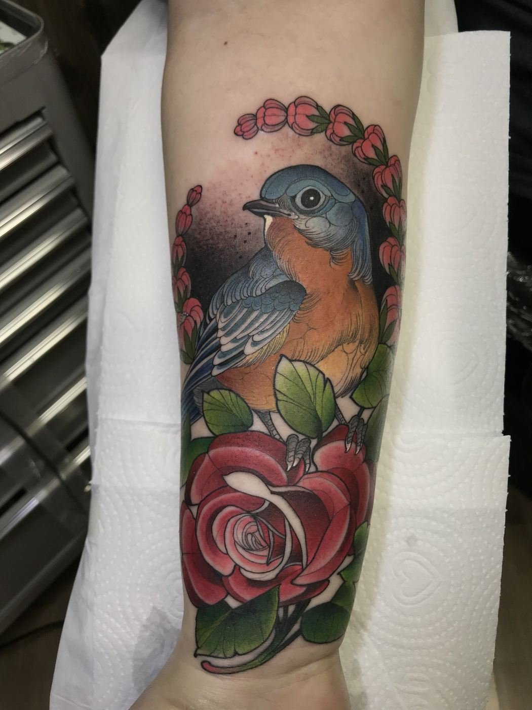 Pássaro azul e rosas