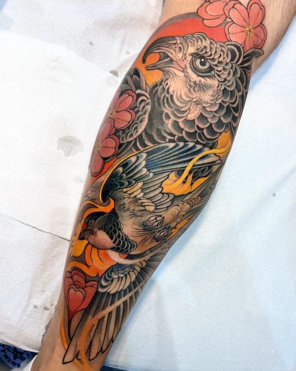 Coruja e carpa, tatuagem de Denis Vazios