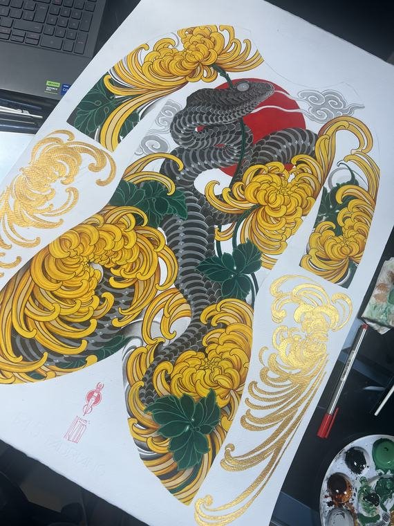 Serpente e crisântemos em ouro, pintura original de Denis Vazios